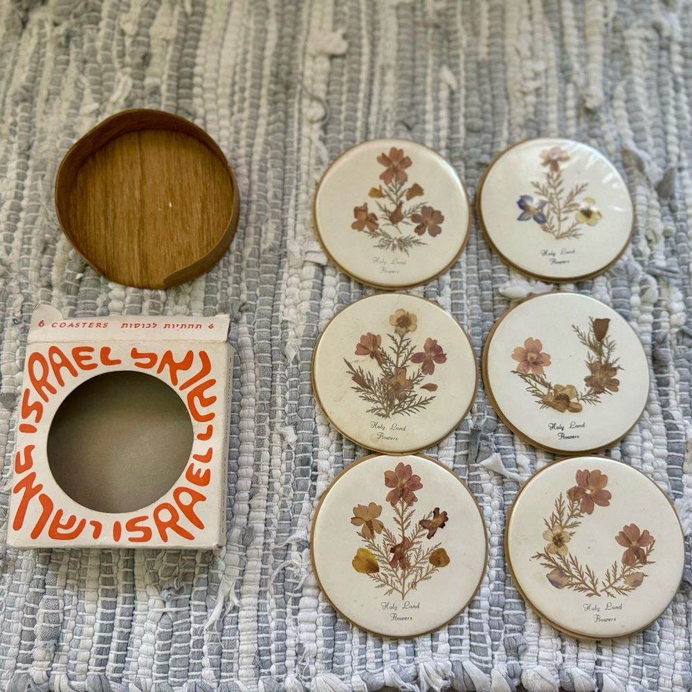 VTG Coasters from Israel Dried Flowers from the Holy Land preserved in plastic